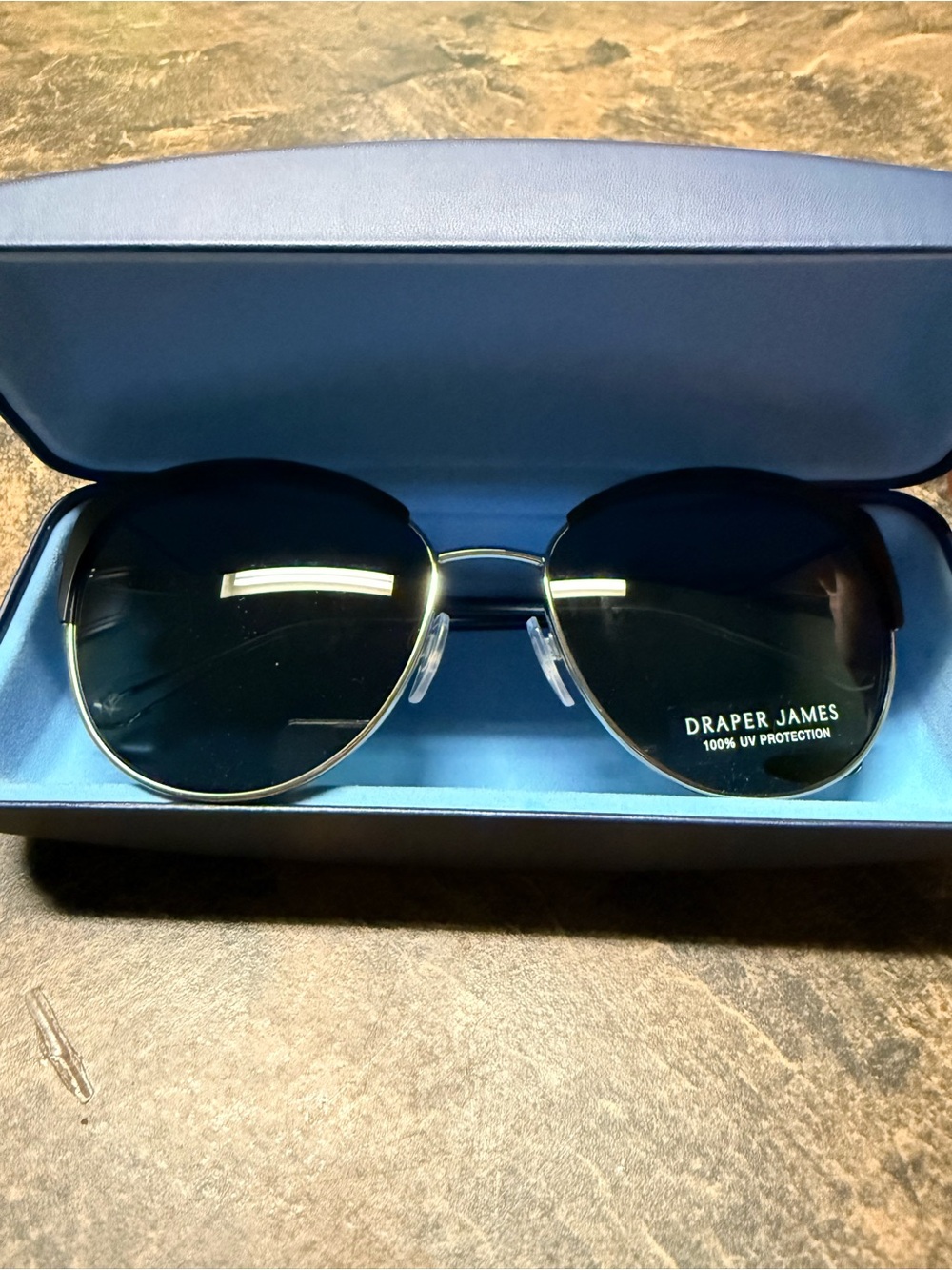 Draper James Silver-Frame Aviator Sunglasses with Dark Blue Lenses